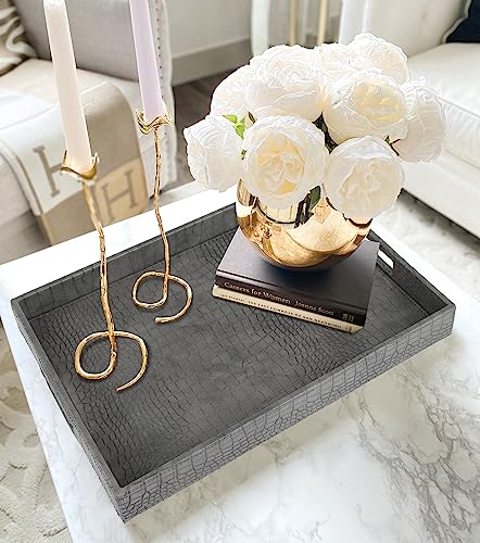 HofferRuffer Rectangle Serving Tray with Hole Handles for Coffee Table, Breakfast, Tea, Food, Butler - Countertop, Kitchen, Vanity Serve Tray, 16.2 x 12.2 x 2 inches, Faux Leather Tray (Dark Grey) - color: Dark Grey, size: 16.2" x 12.2" x 2"