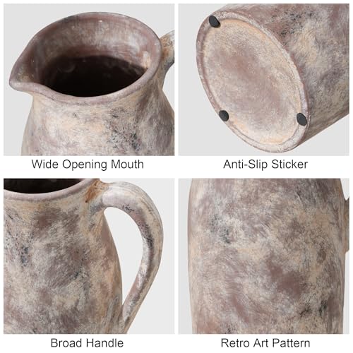 Ceramic Flower Vase with Handles,11" Neutral Tall Clay Terracotta Vases Farmhouse Table Vases with Handle Living Room Decor Rustic Pottery Pots for Home Shelf Coffee Dining Desk Fireplace - color: B-11"h-terracotta