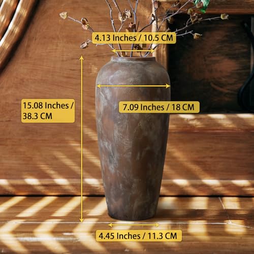 15 Inch Ceramic Rustic Farmhouse Vase, Handmade Pottery Flower Vases for Home Decor, Brown Ceramic Vase for Living Room, Table Centerpieces & Shelf Decor, Wedding Gifts - color: Brown, size: Large