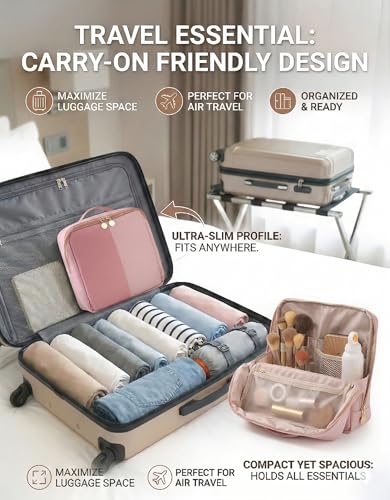 Large Standing Makeup Bag, Sturdy PU Leather Cosmetic Organizer with Fold-Down Phone Tray, Waterproof Travel Toiletry Case with Wipeable TPU Brush Holder, 9.5 Inch, Pink - color: Pink