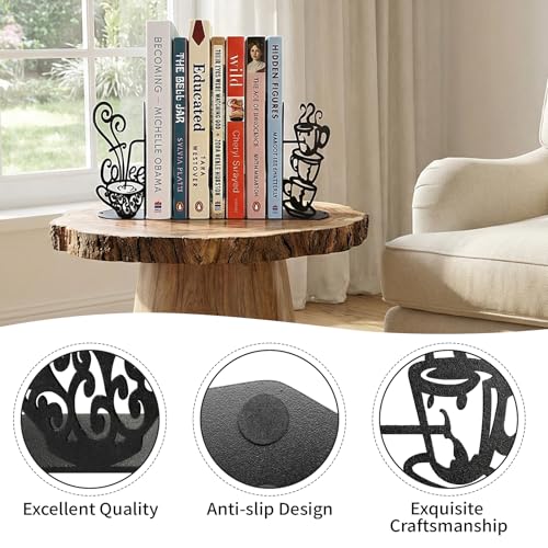 ENCIMART Metal Bookends Creative Coffee Bookends Decorative Cute Kitchen Book Ends for Shelves Bookshelf Home Office Desk Reading Decor Bookshelf Decor for Book Lovers Gift - color: Black Coffee
