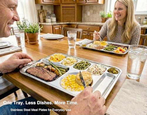 Korean Stainless Steel Divided Plates with Cutlery Slot for Adults, Premium 304, Electro-Polished, No Black Residue, BPA-Free, XL 8-Compartment Food Tray, Camping, Set of 2 - size: 8 Compartments