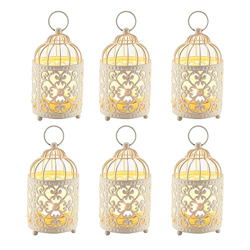 JHY DESIGN 6 Pcs Wedding Centerpieces 5.5 inch Height Small Metal Candle Stick Holder Hanging Birdcage Tealight Lantern Hollow Candle Holders for Table Valentine Patio Indoor Outdoor (Cream White) - color: Cream White