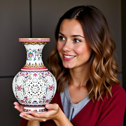 MTME Porcelain Figurines, Jingdezhen Decorative Flower vase, Carved Bud Colorful vase, Wedding Gifts, Aesthetic Sculpture Home décor (Carved)