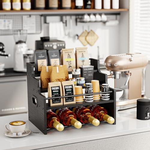 KLM 4-Tier Wood Display Shelf, Black Modern Bottle Organizer, Countertop Bar Stand for Liquor, Coffee Syrup, (Black) - color: Black