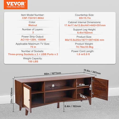 VEVOR Rattan TV Stand for 75in TV, Boho TV Stand with Rattan Door, Entertainment Center with Build-in Socket, Storage Cabinet with 2 Shelves, Modern TV Console for Living Room, Media Room, Walnut - color: Walnut, size: for 75" TVs