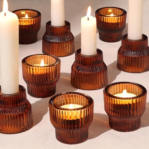 HAVITI 12 Pack Amber Taper Candle Holders, Glass Candlestick Holders, Tea Light Candle Holder for Fall Wedding Centerpieces Table Decorations, Votive Candle Holders for Table Decor - color: Amber