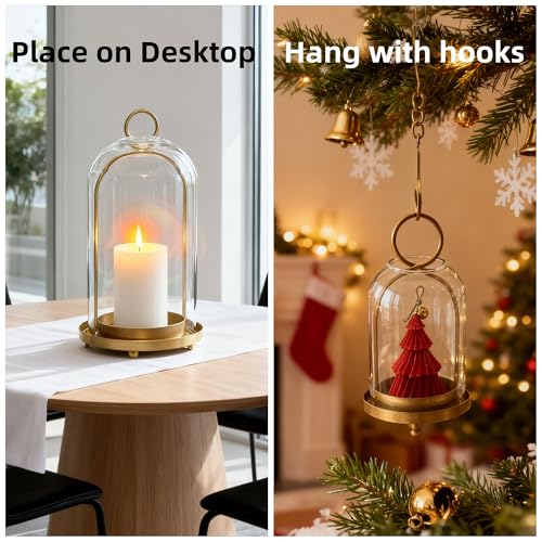 3 Pack Metal Candle Holders with Glass Dome, 5.5" & 4.7" & 3.9" Wide Gold Candlestick Holders Set, Versatile Hurricane Lanterns Candleholders for Pillar Candle, Decorative Glass Display Dome Stands - color: Gold