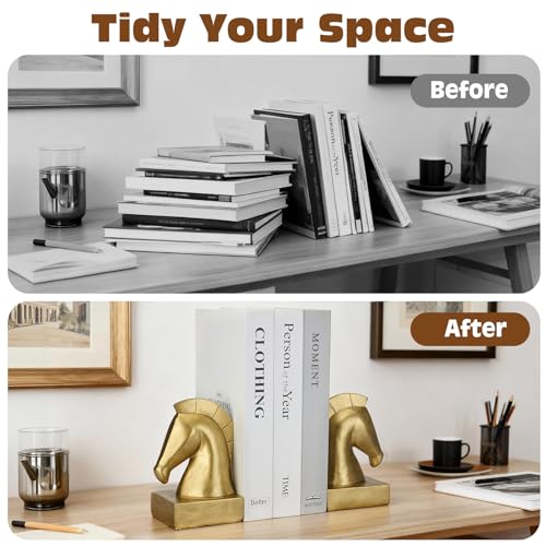 Gold Horse Head Decorative Bookends - Heavy Duty Non-Slip Book stoppers, Horse Statue Book Ends for Shelves, Modern Equestrian Ornaments for Home Farmhouse Shelves Office Lover Gift - color: Horse Bookends Gold