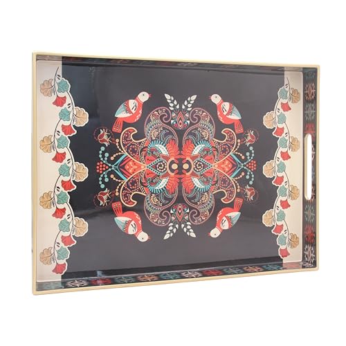 15.8" x 11.8" Black Plastic Serving Tray with Handles, Bohemian Folk Art Bird & Mandala Pattern with Gold Trim, for Ottoman, Coffee Table, Vanity - color: Bohemian Folk Art Bird & Mandala Pattern