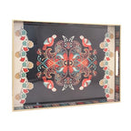 15.8" x 11.8" Black Plastic Serving Tray with Handles, Bohemian Folk Art Bird & Mandala Pattern with Gold Trim, for Ottoman, Coffee Table, Vanity - color: Bohemian Folk Art Bird & Mandala Pattern