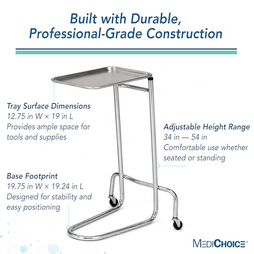 MediChoice Mayo Portable Adjustable Tray Steel Premium Instrument Stand Medical Dental Salon Tattoo Esthetician Mobile Service Cart Table Station Height 34-54 Inch MAYO1201