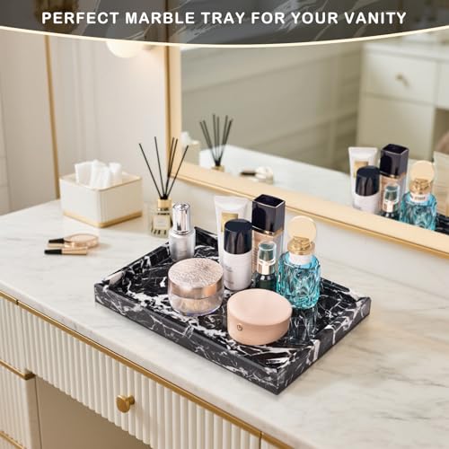 Marble Bathroom Tray for Countertop & Home Decor, Natural Decorative Marble Tray for Jewelry & Perfume Organizer, Luxury Stone Vanity Trays for Dresser, Kitchen Counter, 12" x 8", Black - color: Black