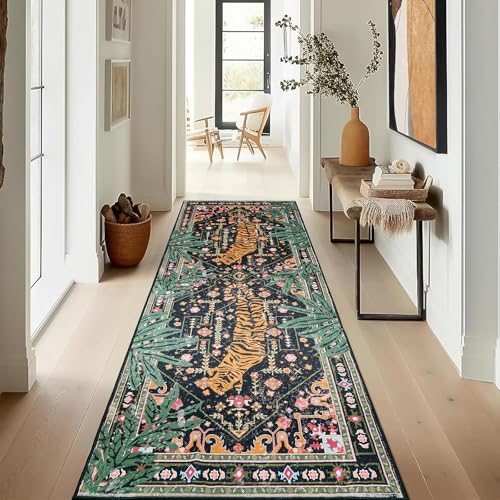Oriental Tropical Hallway Runner Rug 2x6 Washable, Thin Stain Resistant Black Boho Runner Rug for Entryway Kitchen Bedroom Laundry, Vintage Abstract Hippie Botanical Long Floor Carpet - color: Black, size: 2' x 6'