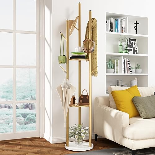 Gold Coat Racks Freestanding with 9 Hooks, Metal Coat Stand with Heavy Marble Base, Entryway Coat Tree Hanger, Purses Racks - style: Coat-13''W