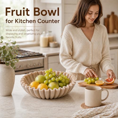 YMXYJM Large Decorative Bowl, Modern Handicraft Bowls for Home Decor, Fruit Bowl for Kitchen Counter, Ruffle Decor, Stylish Key Bowl for Entry Table, Artificial Stone Beige - color: Beige