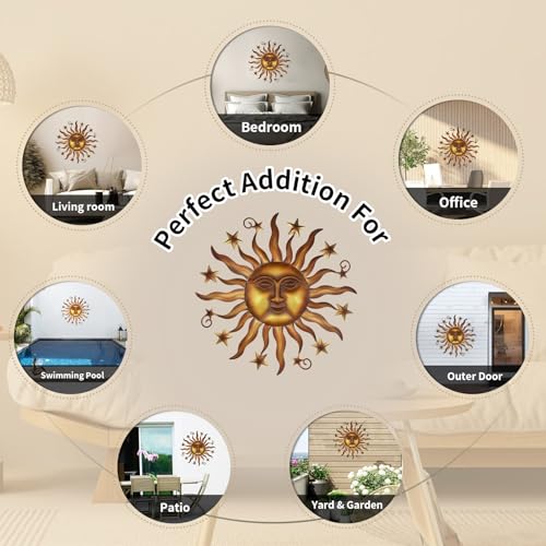 LIFFY 24" Sun Metal Wall Art Outdoor Decor - 3D Sun Face Metal Wall Sculpture - Hanging Decoration Gift Ideal for Home Accent, Bedroom, Garden, Patio, Farmhouse - Lively and Vibrant - color: Sun and Star