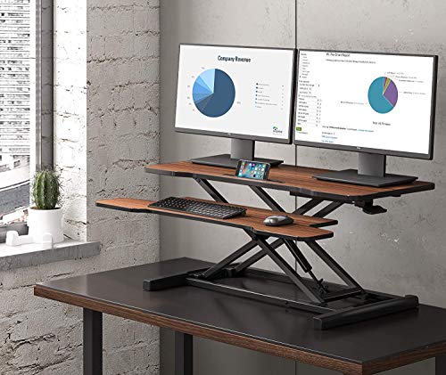FITUEYES Height Adjustable Standing Desk 36” Wide Sit to Stand Converter Stand Up Desk Tabletop Workstation for Laptops Dual Monitor Riser Brown SD309102WE - color: Brown