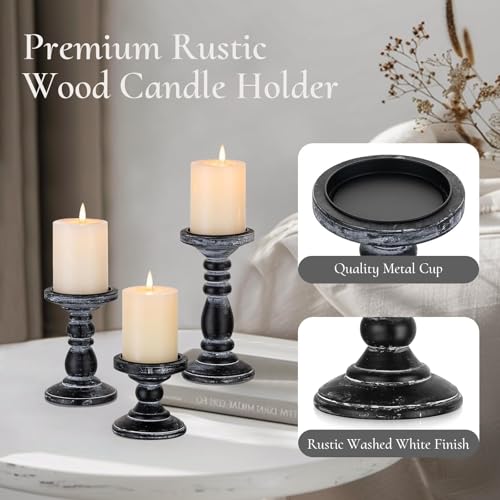Wood Pillar Candle Holder: 3Pcs Rustic Black Candle Holders for Pillar Candles Wood Candle Holders Distressed Wooden Farmhouse Candle Holder Large Rustic Candle Holder for Fireplace Table - color: Black, size: 3.94", 5.9", 7.87"