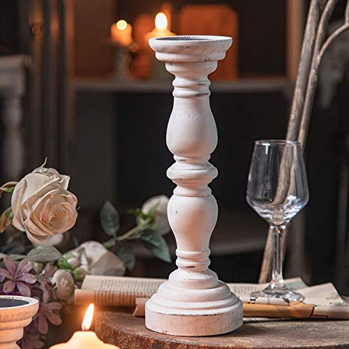 Farmhouse Rustic Candle Holder for Pillar Candle, Vintage White Wooden Pillar Candle Holder, Antique Candlestick Holder for Dining Table, Coffee Table, Or Any Table Top (1Piece, 4.7" x 4.7" x 13.6") - size: 4.7" x 4.7" x 13.6"