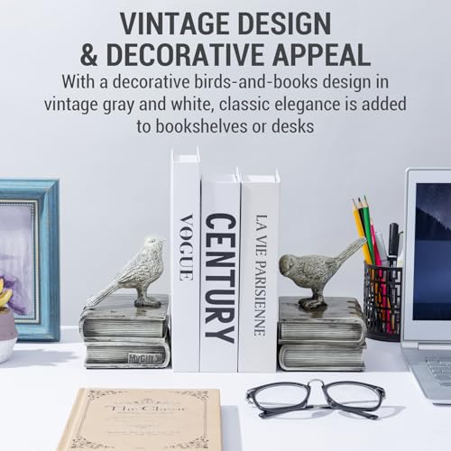 MyGift Resin Decorative Bookends for Heavy Books with Bird and Book Design, Farmhouse Book Ends, Vintage White Bookends, 1 Pair - color: White