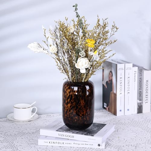 8.2in Amber Vase,Brown Glass,Round Art,Modern Clear Glass Vase,Decorative Bottles for Home Decor,Farmhouse Centerpiece,Wide for Living Room, Kitchen,Office, Dining (S) - size: Small