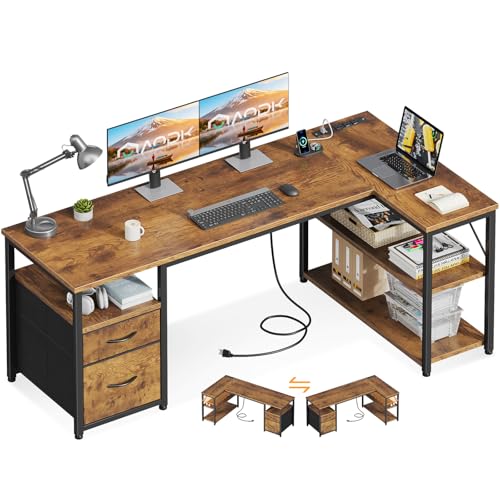 AODK 55 inch L Shaped Computer Desk with Drawers, Reversible Computer Desk with Storage Shelves, Home Office Desk with Built-in Power Outlet, Rustic Brown - color: Rustic Brown, size: 55 Inch