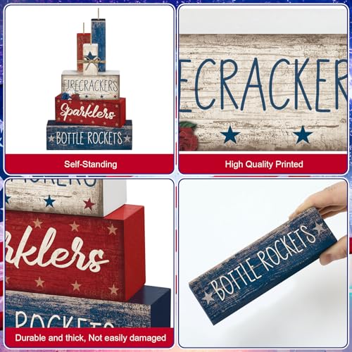 CroBlissful 4 Pcs 4th of July Decorations Patriotic Memorial Day Tabletop Decorations Red White Blue Table Centerpieces Sign for Office Tiered Tray Home Shelf 250th Anniversary(Firecrackers) - style: Firecrackers