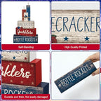 CroBlissful 4 Pcs 4th of July Decorations Patriotic Memorial Day Tabletop Decorations Red White Blue Table Centerpieces Sign for Office Tiered Tray Home Shelf 250th Anniversary(Firecrackers) - style: Firecrackers