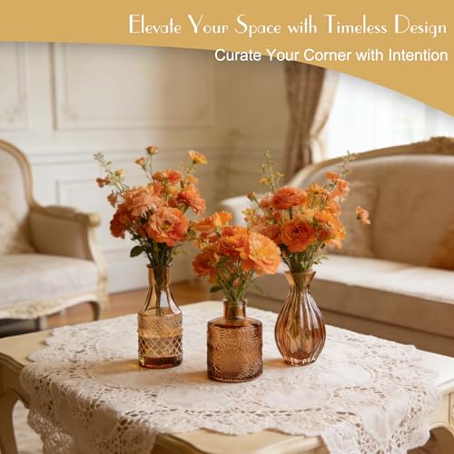 Petal Petite Glass Vase Set of 6 Small Amber Glass Bud Vases, Mini Vintage Flower Vases for Wedding Centerpieces & Table Décor, Champagne Vases in Bulk for Single Stem, Home and Office Decor - color: Amber