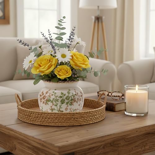 SIDUCAL Ceramic Green and Beige Vase with Wide Mouth Lace, 4.84 Inch Cracked Chinoiserie Rustic Farmhouse Vases, Pastoral Retro Vase for Home Decor, Table, Living Room, Bathroom, Shelf, Wedding - color: 18967-green and Beige