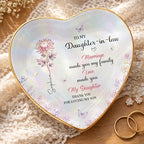 Personalized Heart Shape Jewelry Dish for Daughter-in-Law, Ceramic Trinket Tray Ring Holder With Custom Birth Flower, “Marriage Made You Family, Love Made You My Daughter” Keepsake - color: Daughter In Law 129