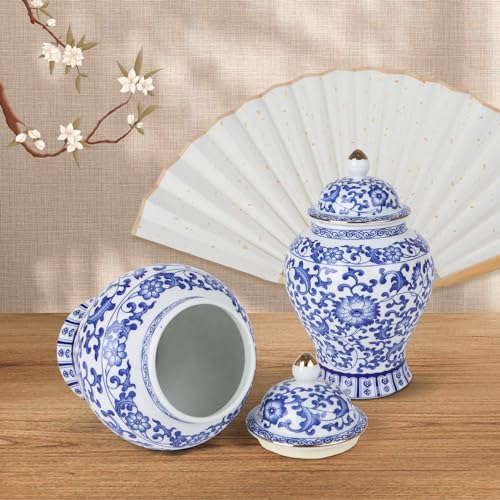 Chinoiserie Ginger Jar,7.6 Inch Ceramic Bule and White Ginger Jar w/Lid,Porcelain Ginger Jars Vase for Home,Living Room,Coffee Table,Mantle Fireplace (Bule&White)