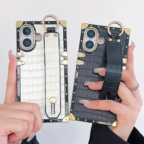 Compatible with iPhone 17 Case Luxury Designer for Women Girls,Rectangle Crocodile Leather with Wristband Strap Stand Holder Protective Phone Cover for iPhone 17-6.3 inch (White) - color: White, size: For iPhone 17