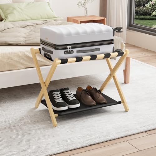 Smuxee Natural Bamboo Luggage Rack for Guest Room, Foldable Suitcase Stand with Storage Shelf, Easily Assembled Luggage Stand with 5 Nylon Straps for Guest Room Bedroom Hotel - color: Natural 1PCS