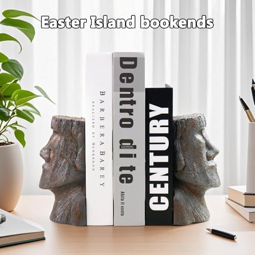 jinhuoba Decorative Bookends Easter Island Book Ends, Modern Book Holder Ends for Shelves, Novelty Heavy Duty Book Ends for Office Home Desk Bookshelf, 6.3" L x 6.7" H x 3.5" W, Resin