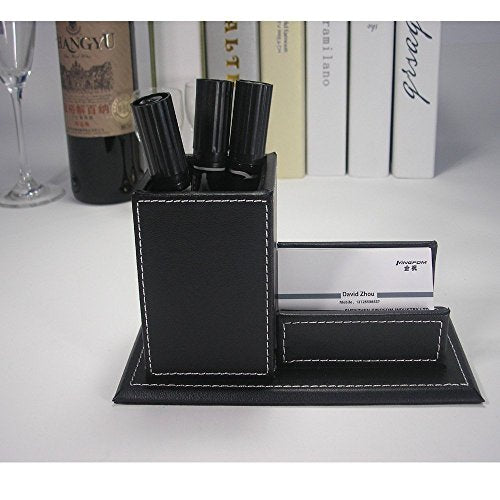 KINGFOM PU Leather Desk Organizer and Accessories, Pencil Holder for Desk with Business Cards Stand, School Office Supplies Collection Caddy Black - color: Black-M