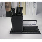 KINGFOM PU Leather Desk Organizer and Accessories, Pencil Holder for Desk with Business Cards Stand, School Office Supplies Collection Caddy Black - color: Black-M