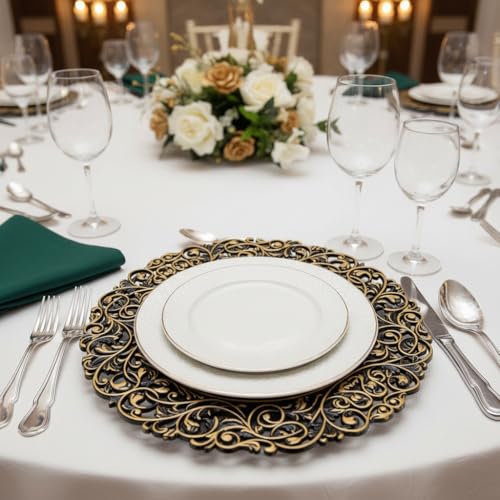 13inch Round Plastic Charger Plates,Set of 8,Charger Plates for Dinner,Wedding,Party,Event Decoration. (Black gold edge) … - color: Black gold edge