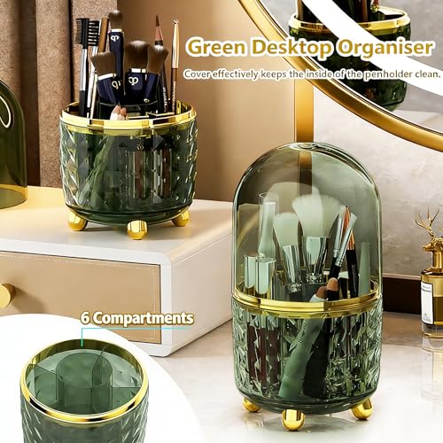 GOTOBA 360° Rotating Dust-Proof Multi-Purpose Storage Organizer - Perfect for Silverware, Utensils (Forks, Knives) & Makeup Brushes, Countertop Holder for Kitchen & Vanity - color: Green with cover