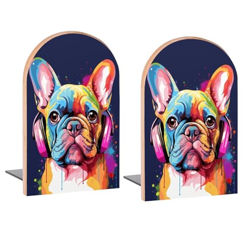 Colorful Dog French Bulldog Book Ends Decorative Wood Bookends for Shelves Kids Room Desk Home Office Book Stoppers for Magazines,Books, DVDs, 1 Pair/2 Pieces(5x3.1 in)