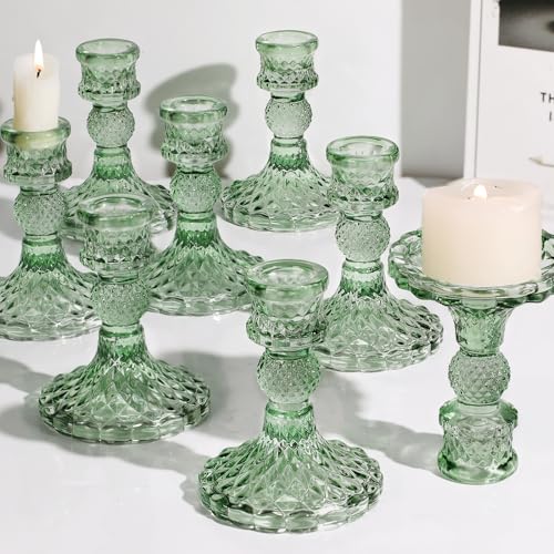 12Pcs Green Candlestick Holders Set- 4" H Taper Candle Holders Bulk, Glass Candle Holders for Wedding, Party, Romantic Dinner Table Centerpieces, Festival Gifts & Windowsill Decor - color: Green Dimond Pattern