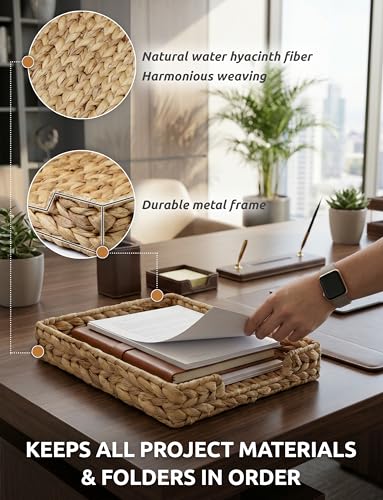 Demigo Water Hyacinth Letter Tray - Desk Organizer & Paper Basket for Mail, A4 File - Sturdy Woven Storage, File Holder with Metal Frame, Rustic Boho Office Decor & Magazine Sorter
