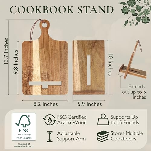 Wood Cookbook Stand for Kitchen Counter, Mother's Day Gift for Mom, Reversible Acacia Recipe Book Holder, Cooking Measurement Conversion Card, Adjustable Tablet Holder, Charging Cable Slot - style: Country Rustic