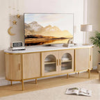 MXV 70" Fluted TV Stand for TVs up to 80", Mid Century Modern Entertainment Center with Sliding Doors & Glass Door, TV Console Table with Faux Marble Top for Living Room, Oak - size: 70IN