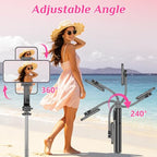 Selfie Stick Tripod with Fill Light, All in One Extendable Selfie Stick with Detachable Wireless Remote, Flexible Phone Tripod Stand Compatible with iPhone/Galaxy, Compact Size & Lightweight - style: Black & With Light