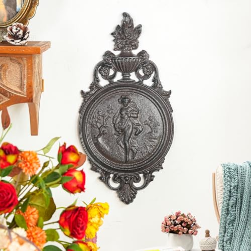 Sungmor Ornate Cast Iron Wall Art Plaque – Classical Woman Relief in French Country Style, Decorative Wall Sculpture - Vintage Hanging Décor for Home, Garden, or Patio – Rustic Black Finish - color: Rustic Black & B