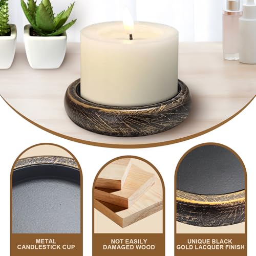 Candle Holder for Pillar Candle Set of 4, Farmhouse Wood Candle Plate, Rustic Wooden Candle Stand, Candles Tray Decorative for Living Room, Table Centerpiece, Black Gold - color: Black Gold, size: Set of 4