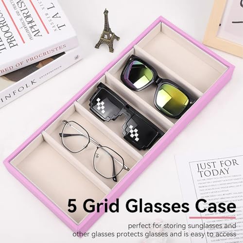 HERCHR Sunglass Organizer, Pink Velvet Glasses Tray 5 Grids Stackable Display Case for Women Glasses Jewelry Display Watch - color: Pink