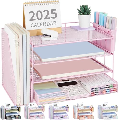 OPNICE Desk Organizer, 4-Tier Desktop File Organizer with Drawer and 2 Pen Holders, Office Desk Accessories, File Sorters, Workspace Organizers for Office Supplies(Pink) - color: Pink, size: 4-Tier